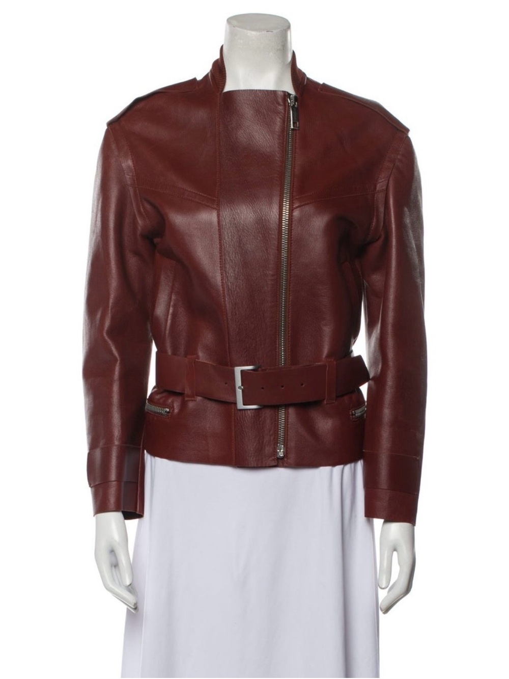 Sportmax Burgundy Leather Belted Moto Jacket